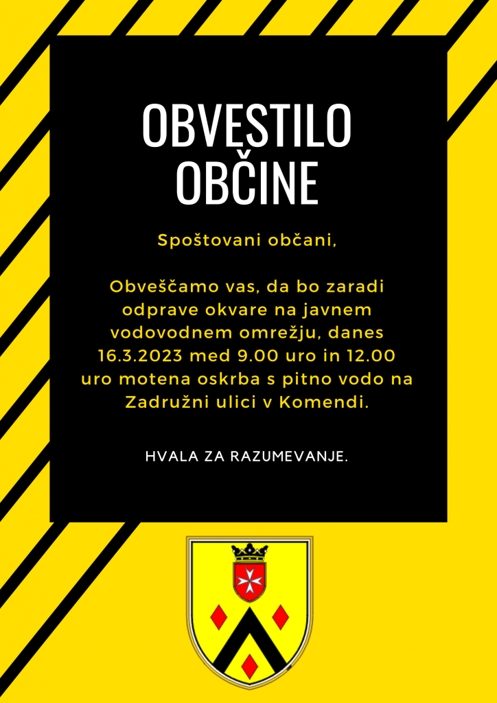 Nujno obvestilo Motena oskrba s pitno vodo